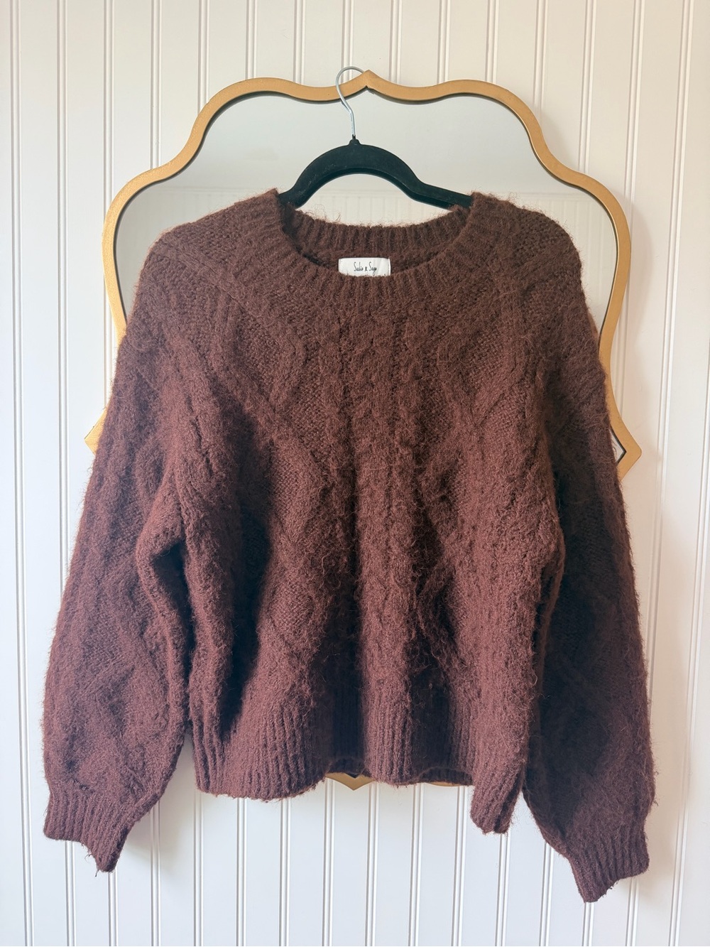 Sadie & Sage Chunky Cable Crewneck Sweater in Rich Brown